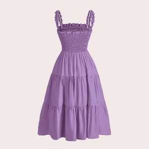 Women's Smocked Ruffle Strap Tiered Midi <b>Dress</b> Square Neck <b>Elastic</b> Waist Sundress Summer Casual A-Line <b>Dress</b> - Product Image 2