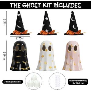 Set di 3 Simpatiche e Spaventose Statuette di Fantasmi in Ceramica per Decorazioni Interne di Halloween, con Cappelli da Strega per Mensole e Tavoli, Decorazioni per l'Ora della Strega - Product Image 3