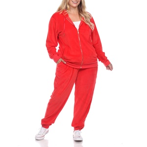 Women Plus Size Red Hooded Tracksuit Set Full Length Solid Color Casual Joggers with Side Pockets Zipper Fly Fleece Winter Wear - Product Image 3