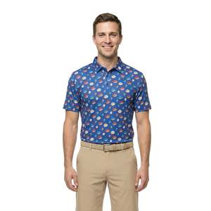 Chemise de golf pour homme à manches courtes en polyester/coton, imprimé à pois bleus, décontractée, respirante, coupe classique, logo sur le devant - Product Image 5
