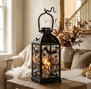 Lanterne en métal vintage pour Halloween avec motif de crâne, couleur noire, pour la décoration de la maison, porte-bougie sans flamme - Product Image 5