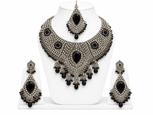 Vintage Antique Silver Plated Crystal Jewelry Set Necklace Earrings Pear Cut Rhinestone Women's Wedding Bridal Style - Product Image 1