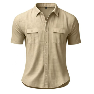 Chemise décontractée pour homme en coton et lin à manches longues, double poche, grande taille, motif uni satiné pour les vacances d'automne - Disponible en gros - Product Image 3