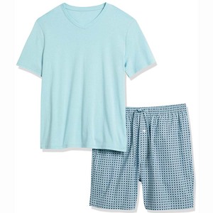Ensemble T-shirt col en V bleu clair et short uni pour homme, en polyester tricoté respirant, séchage rapide, tenue décontractée d'été - Product Image 3
