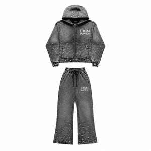 Custom Eco-Friendly Breathable Winter Sun Faded <b>Distress</b> Acid Wash All Print Rhinestone Full-Length Heavyweight Jeans Sweatsuit - Product Image 3