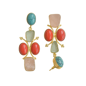 Pendientes Colgantes Geométricos Hechos a Mano con Turquesa y Múltiples Piedras, Chapados en Oro, Joyería Contemporánea de Piedras Semipreciosas para Mujer - Product Image 2