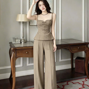 Conjunto de 2 piezas para mujer, de algodón y seda, a la moda, largo, liso, casual, ajustado, lavable, ecológico, con decoración discreta - Product Image 3