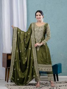Designer Olive <b>Green</b> <b>Silk</b> Embroidery Salwar Kameez Heavy Dupatta for Wedding/Party Occasions Women Traditional Wear Quick Dry - Product Image 3