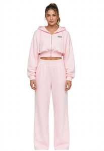 Women's Eco-friendly Autumn <b>Pink</b> 2-in-1 Tracksuit Set Hooded Cropped <b>Sweatshirt</b> and Long Pants with Front Logo Casual - Product Image 5