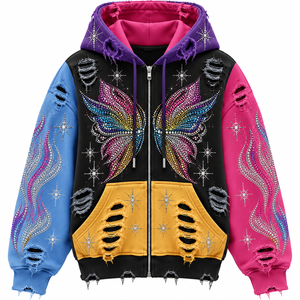 Sudadera con capucha de forro polar transpirable de invierno estilo streetwear con bloques de color desgastados, pedrería multicolor premium y cristales brillantes para - Product Image 6