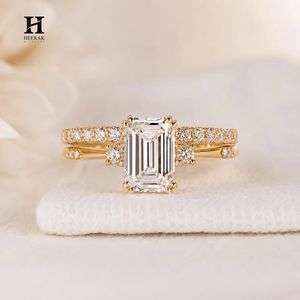 Luxury Emerald Cut Lab Grown Diamond Engagement <b>Ring</b> <b>Set</b> 14K Yellow <b>Gold</b> Side Cluster Bridal Stack - Product Image 1