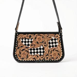 2026 New Fashion Western Stylish <b>Hand</b> Tooled Sheridan Florals Carved With Checkerboard Pattern 100% Genuine Leather Shoulder Bag - Product Image 1