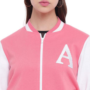 Veste universitaire rose et blanche pour femme, manches longues, fermeture éclair, lettre A brodée sur le devant, col rabattu, coupe classique - Product Image 6