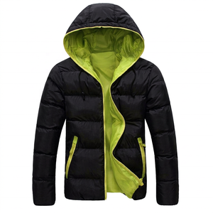 Men's Black Hooded Puffer <b>Jacket</b> With Lime Green Lining Windproof Zipper Closure Casual Winter Coat Solid Color Polyester 2026 - Product Image 1