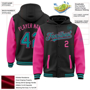 Chaqueta Varsity Personalizada con Capucha, Negra, Rosa y Verde Azulado, Unisex, Corte Regular, Cierre de Botones, Estampado de Letras, para Otoño - Product Image 6