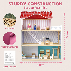 บ้านตุ๊กตาขนาดใหญ่ 3 ชั้น บ้านไม้สำหรับเด็กเล่นบทบาทสมมติ พร้อมเฟอร์นิเจอร์และอุปกรณ์เสริม - Product Image 3