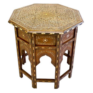 Table d'appoint pliante de style marocain en bois de manguier massif, plateau rond, finition brun antique, pour la décoration du salon - Product Image 6