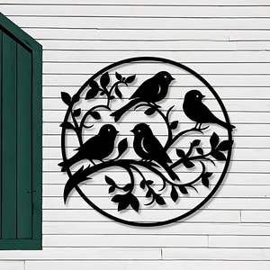 Silhouette d'oiseau rond Art mural en métal Branche et feuilles décoratives intérieures et extérieures Tenture murale Arts métalliques de haute qualité - Product Image 1