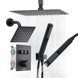 Sistema de Ducha de Lluvia Termostática de Techo de 12 Pulgadas con Kit de Válvula de Latón de Montaje en Pared de 6 Pulgadas, Negro Mate, Grifo de Mano 2 en 1 - Product Image 1