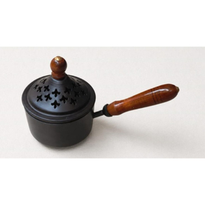 Brûleur à charbon en métal fait main avec poignée en bois résistante à la chaleur, rond, style antique Dani, pour la maison, le bureau et le temple - Product Image 1