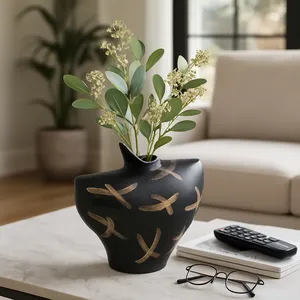 Handmade Black Metal <b>Vase</b> with <b>Gold</b> Accents Modern Tabletop Flower Decor for Housewarming - Product Image 3