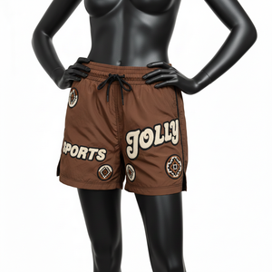 Shorts cortavientos de poliéster ligero de 135 GSM, color marrón, estilo urbano, con parche bordado y logotipo personalizado para mujer. - Product Image 2