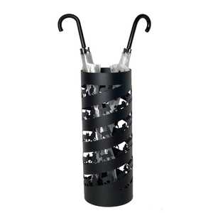 Porte-parapluies et porte-bâtons de marche moderne en métal noir, avec découpe spirale chat, rond, pour entrée, avec bac de récupération des gouttes - Product Image 1