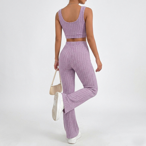 Custom Logo Ribbed <b>Knit</b> Women's <b>Sets</b> 2 Piece Outfits High Waist Flare Pants and Crop Top Lounge Wear Slim Fit Tracksuits - Product Image 2
