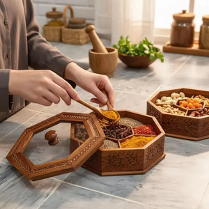 Boîte à épices en bois sculptée à la main avec couvercle en verre |   Boîte à masala à 6 compartiments | - Product Image 1