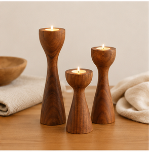 Handcrafted Mid-Century Modern Wooden Candle Holder Set Of 3 Premium Solid Teak Wood Pillar Stands For Elegant Table Centerpiece - Product Image 2
