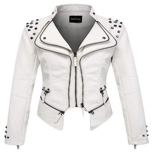 Veste de moto en cuir véritable Chouyatou, col montant, fermeture éclair, décoration à rivets, coupe ajustée, longueur standard, devant - Product Image 1