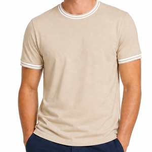 T-shirt homme col rond premium beige et blanc rayé, col côtelé, manches courtes, personnalisable, vêtement décontracté - Product Image 2