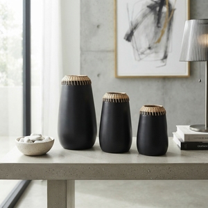 Juego de Jarrones Decorativos Negros con Borde Tejido, Arte Moderno, Estilo Antiguo del Suroeste, Hechos a Mano con Mimbre, Ratán y Madera, Decoración para Montar en la Pared - Product Image 2