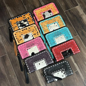 Women Fashionable Hand Tooled <b>Red</b> Floral Leather Zipper <b>Clutch</b> Stylish Cowhide Leather RFID Blocking Slim Wristlet Wallets - Product Image 5