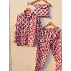 Conjunto de Pijama de Algodón con Estampado de Bloques para Mujer, Ropa de Dormir y de Estar por Casa con Bolsa a Juego, Suave y Transpirable, Ropa de Dormir de Verano al por Mayor - Product Image 1