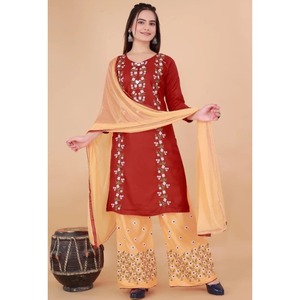 DESIGNER RAYON EMBROIDERY MULTI WORK <b>TOP</b> PALAZZO WITH DUPATTA <b>MAROON</b> - Product Image 1