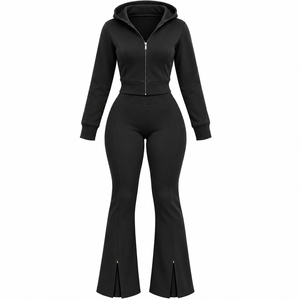 Ensemble de survêtement 2 pièces pour femme : veste courte à capuche zippée et pantalon de survêtement évasé, avec logo personnalisé, vente en gros, vêtements de sport - Product Image 1