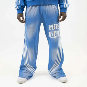 Ensemble de survêtement en molleton épais délavé à l'acide, sweat à capuche zippé personnalisé et pantalon de jogging, streetwear décontracté athlétique à 3 bandes - Product Image 3