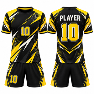 Tenue de football personnalisée noire et jaune à imprimé géométrique, sublimée, anti-humidité, manches courtes, coupe athlétique unisexe adulte - Product Image 1