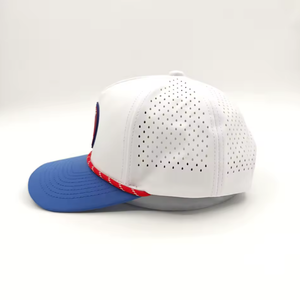 OEM ODM Vente en gros Casquette de baseball à 5 panneaux Structure en caoutchouc personnalisée Logo PVC Casquette de golf Trou découpé au laser avec corde Fabricant du Vietnam - Product Image 3