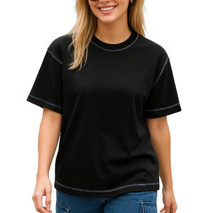 T-shirts personnalisés à manches courtes, coupe oversize, épaules tombantes, 100% coton respirant, surpiqûres contrastées, t-shirts OEM pour femmes - Product Image 1