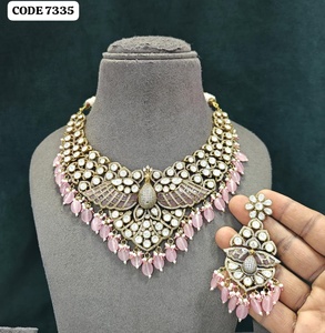 PingBling Luxury Ethnic Peacock Kundan Necklace <b>Set</b> Matching Earrings Pink Beaded Statement <b>Jewelry</b> Women's Engagement Wedding - Product Image 5