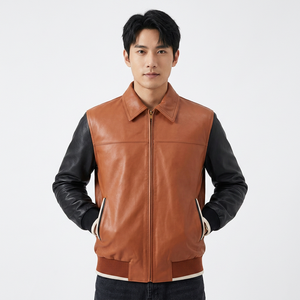 Veste en cuir marron pour homme avec manches noires, col rabattu, fermeture éclair, style décontracté d'automne - Product Image 5