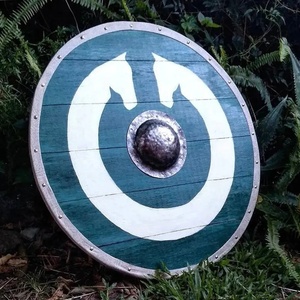 Bouclier Viking rond en bois de 24 pouces fait main par Ahmad Fabric DIY, avec centre en acier et motif cheval blanc, bouclier décoratif bleu - Product Image 2