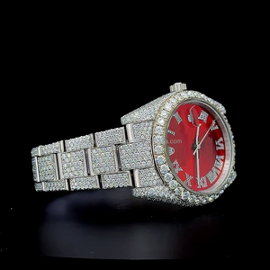 Reloj de Moissanita con Esfera Roja y Oro Blanco, Totalmente Adornado con Piedras, Números Romanos, Esfera Roja Premium, Reloj Automático con Incrustaciones de Moissanita - Product Image 2