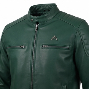 Chaqueta de Motociclista de Cuero Genuino Marrón para Hombre, Cuello Alto, Cierre de Cremallera, Corte Ajustado, Otoño, Manga Larga, Color Sólido - Product Image 5