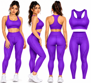 Ensemble 2 pièces pour femme : Soutien-gorge de sport dos nageur et Legging taille haute, sans couture, longueur intégrale, violet uni, en Spandex/Polyester, avec cordon de serrage, pour le yoga - Product Image 5