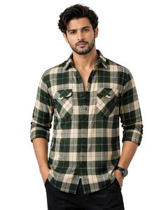 Camisa casual a cuadros verde beige personalizada para hombre, corte ajustado, manga larga, con botones, de algodón, elegante, premium, a la moda. - Product Image 1
