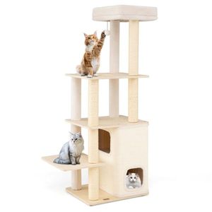 63\" Wooden <b>Cat</b> <b>Tree</b> with 2-Story Condo 5 Sisal <b>Scratching</b> <b>Posts</b> 44 Lbs Capacity Per Layer Bamboo Interior - Product Image 1