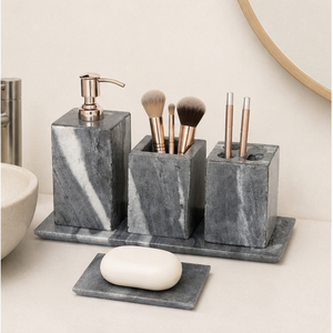 Handcrafted Luxury Natural Grey Marble Bathroom Accessory Set Soap Dispenser <b>Toothbrush</b> <b>Holder</b> Tumbler Soap Dish For Hotel - Product Image 4